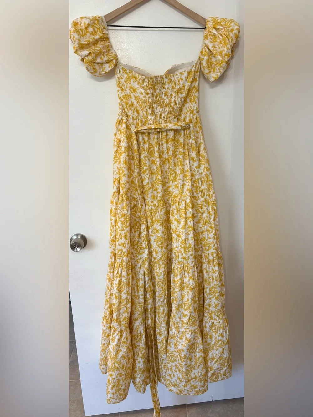 Aqua Women Yellow Floral Off Shoulder Cotton Bubble Sleeves Maxi Dress Size XS
